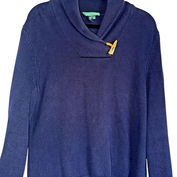 Lauren Ralph Lauren Sz XL Shawl Neck Sweater Nautical Cozy Navy &‎ Gold - Picture 7 of 12